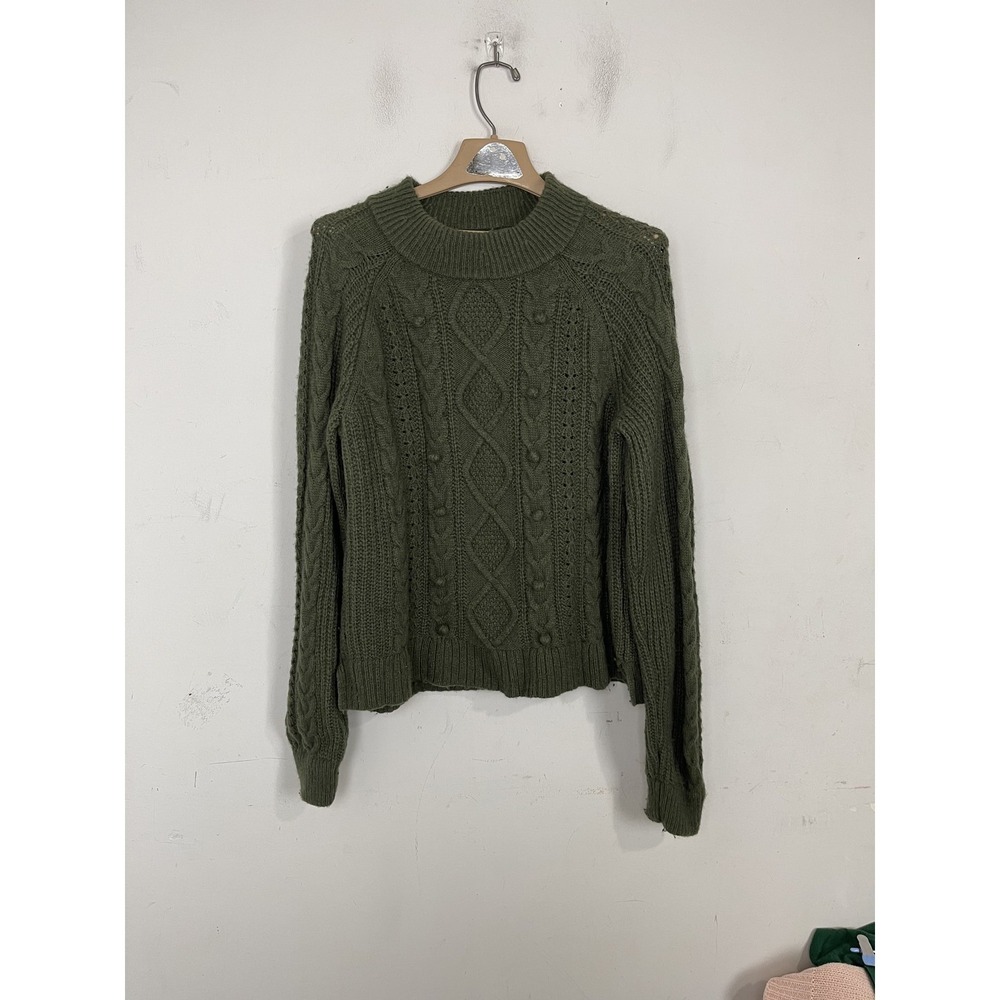 J Crew Womens Sweater XL Olive Green Cable Knit Bobble Lambswool Christmas